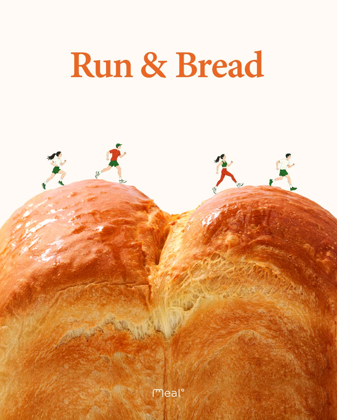 Run & Bread. 식빵 위를 달리는 러너들과 밀도 로고.
